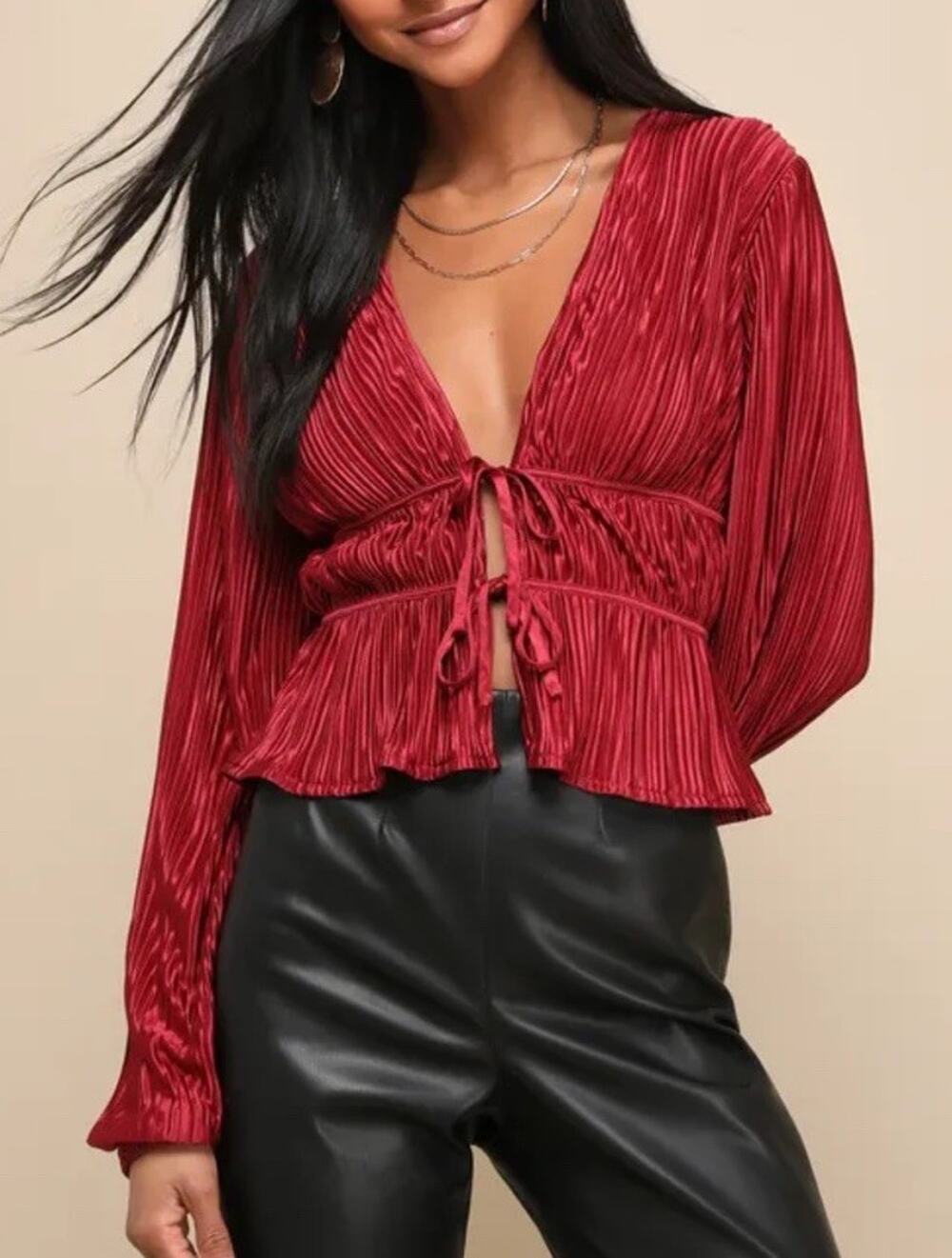 New Lulus Wine Red Plisse Size XL Tie Front Top Satin Blouse Long Sleeve Lulu’s
